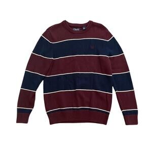 y2k Vintage Chaps Burgundy Navy Blue Striped Chunky Knit Cotton Sweater Small